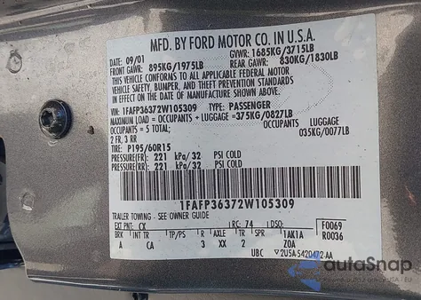 2002 Ford Focus Se/Ztw из США, поврежденный, VIN 1FAFP36372W105309